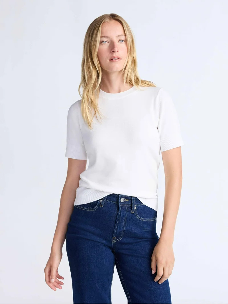 Free Assembly Women's and Women's Plus Cozy Yarn Shrunken Sweater Tee with Short Sleeves, Lightwe... | Walmart (US)