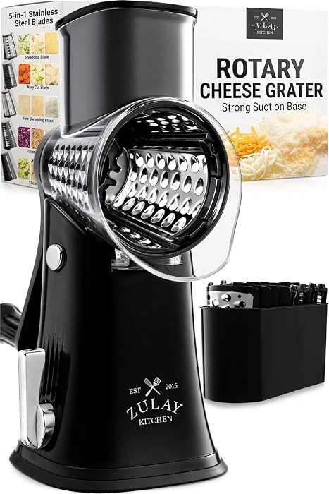 Rotary Cheese Grater Manual Hand Crank 5 Blade Shredder, Black & Chrome | Amazon (US)