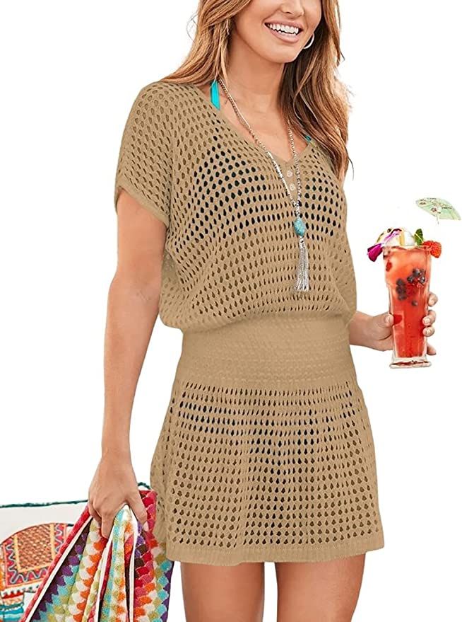 Bsubseach Women Crochet Hollow Out Swim Cover Ups Short Sleeve Beach Swimwear Tunic Dress | Amazon (US)