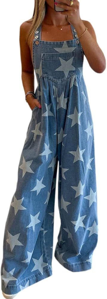 Women's Casual High Waist Denim Jumpsuit Sleeveless Adjustable Shoulder Strap Star Print Jean Rom... | Amazon (US)