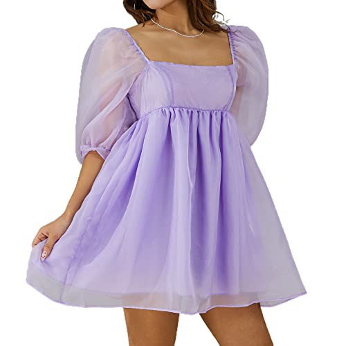 Women's Puff Sleeve Tulle Princess Dress Off Shoulder Square Neck Fairy Mini Dress Tie Dye Party Prom Evening Dresses (US, Alpha, Large, Regular, Regular, Purple) | Amazon (US)