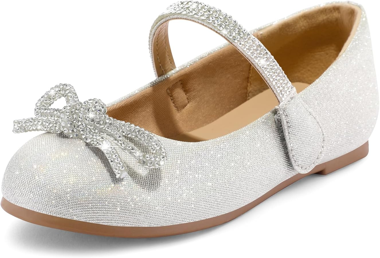 K KomForme Girl's Bow Mary Jane Dress Shoes Ballet Princess Flats with Rhinestone Strap for Party... | Amazon (US)