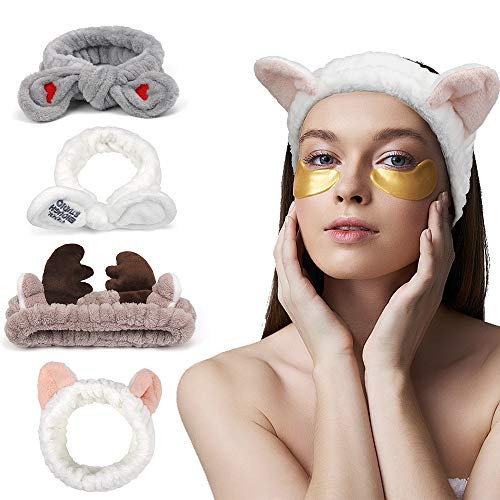 AHONEY Makeup Spa Headband Face Wash Headband for Women Girls Cute Headbands Animal Ears Shower 4Pcs Coral Fleece Hair Band Women Cosmetic Headwrap for Spa Yoga Makeup Washing Face | Amazon (US)