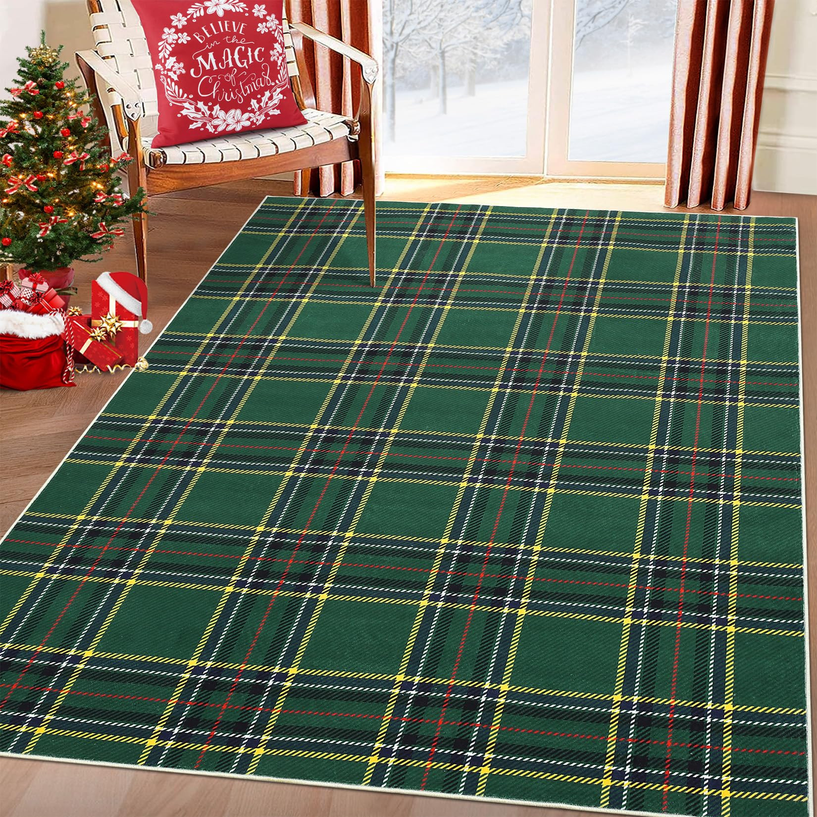 Washable Area Rug 5x7 Rug Green Plaid Rug Xmas Decor Grid Non Slip Living Room Rug Soft Accent Ru... | Amazon (US)