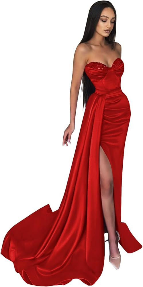 PAVERJER Strapless Prom Dress Long 2024 Mermaid Satin Ball Gowns for Women Pleated Beaded Formal ... | Amazon (US)
