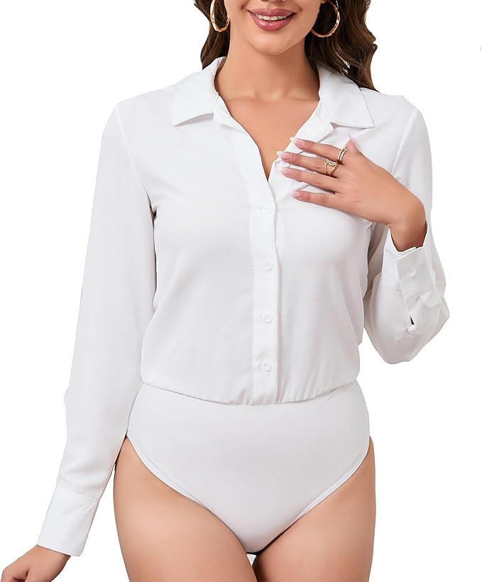 Women's One Piece Bodysuit Shirts Wrinkle Free Long Sleeve Professional Business Blouse Button Do... | Amazon (US)