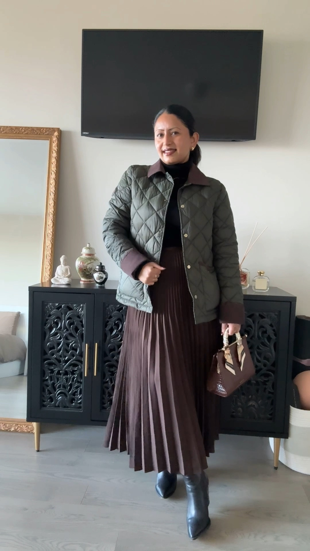 Styling a barn jacket for a fall office day 🍂 

Paired with Lily Silk black cashmere knit, Jenni Kayne pleated chocolate brown skirt, brown/croc Strathberry bag and black Michael Kors knee-high leather boots. 🤎

#LTKStyleTip #LTKWorkwear #LTKSeasonal