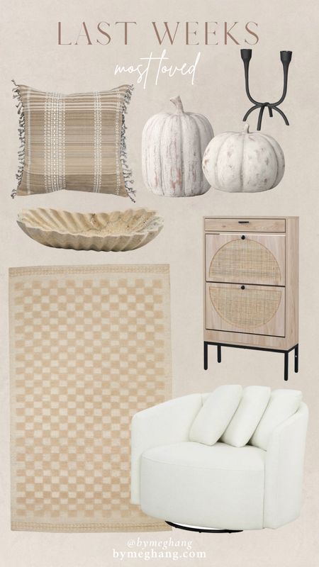 Last weeks most loved item! Walmart throw pillow under $20, white ceramic pumpkins for fall, beautiful scalloped travertine dish, prettiest shoe storage, checkered rug, and cozy swivel accent chair for under $300

#LTKFind #LTKhome