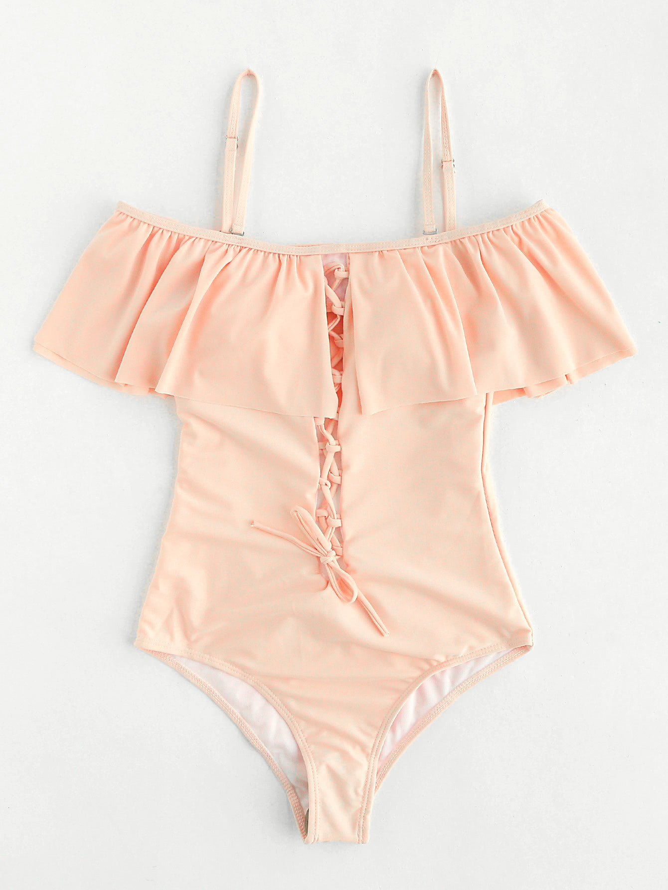 Lace Up Design Cutout Back Flounce Swimsuit | SHEIN