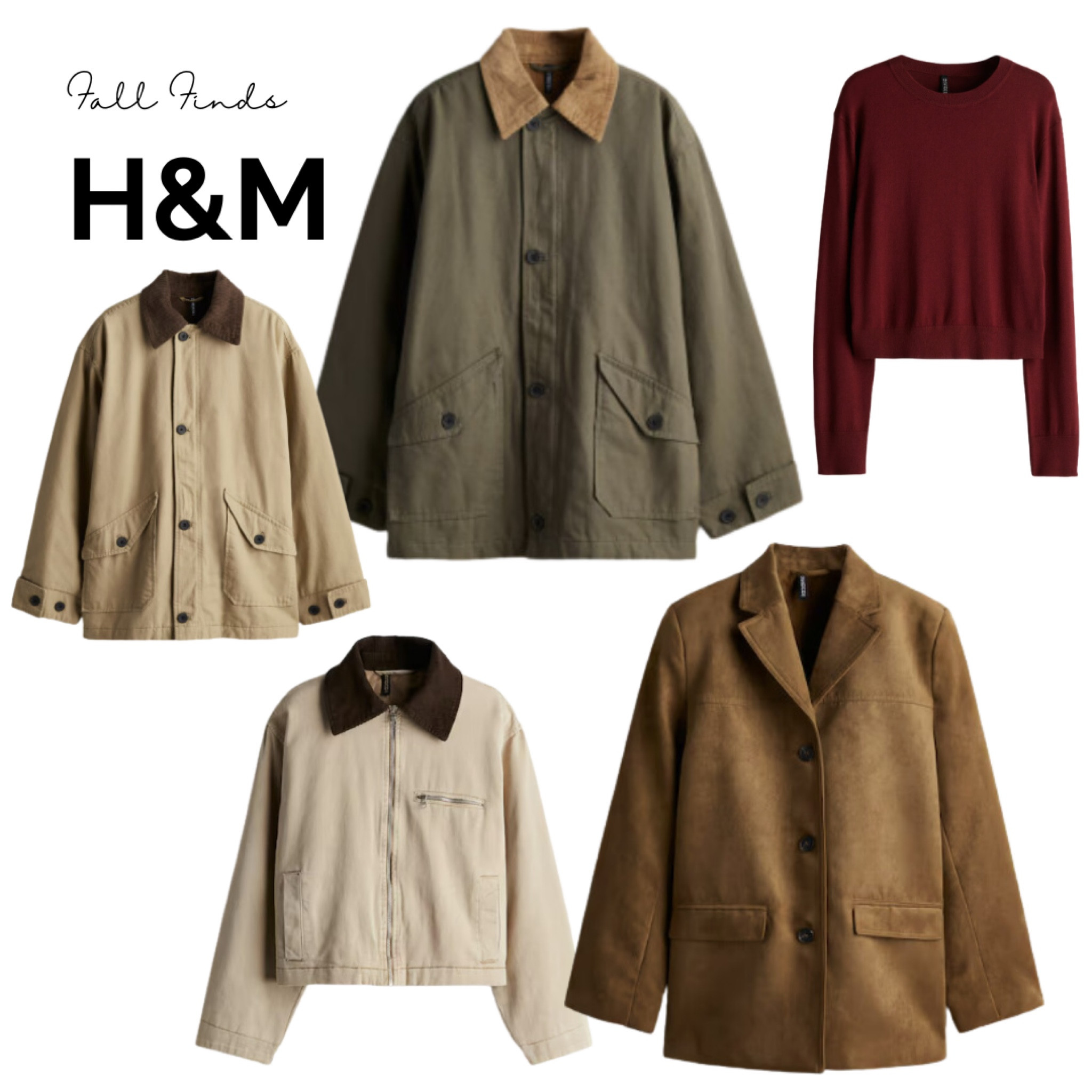 Fall Jackets from H£M • Currently on Sale
•
•
Suede jacket, Corduroy jacket, Fall jackets, Deep red sweater, Brown jacket, H&M finds