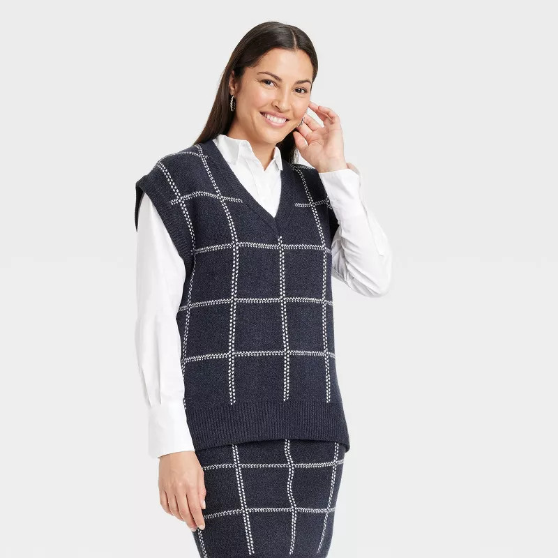 Women's V-Neck Sweater Vest - A New Day™ Navy Blue Windowpane S | Target