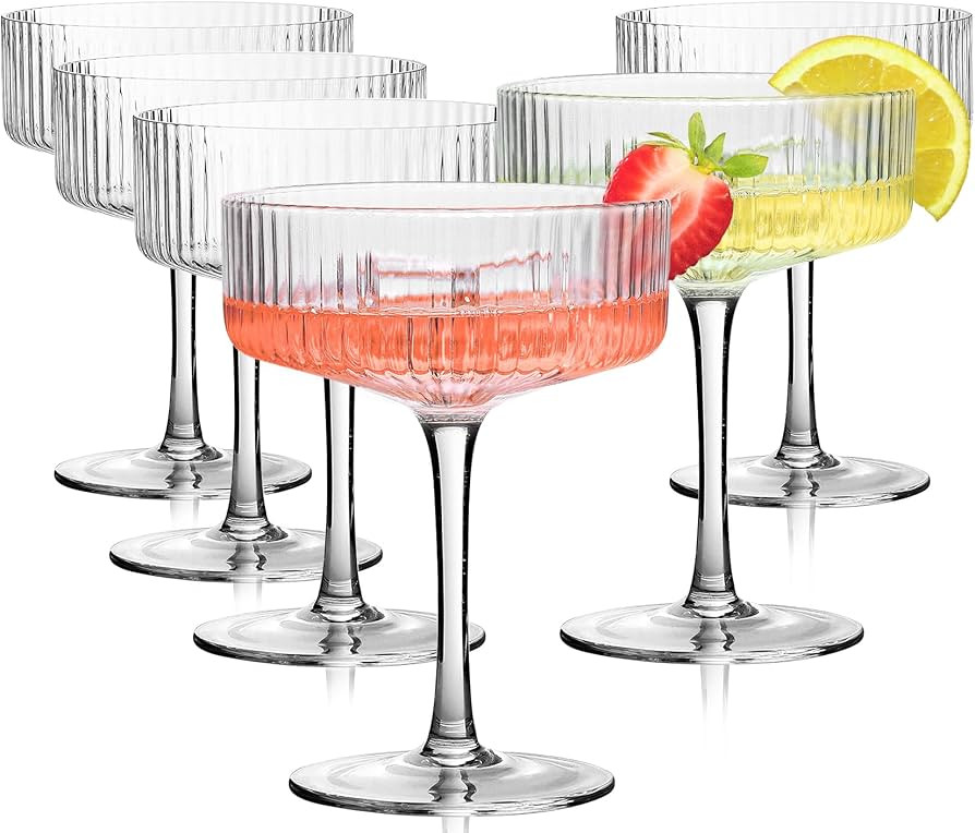 6 Pcs Ribbed Coupe Glasses, 10oz Hand Blown Crystal Martini Glasses with Stem, Classic Cocktail C... | Amazon (US)
