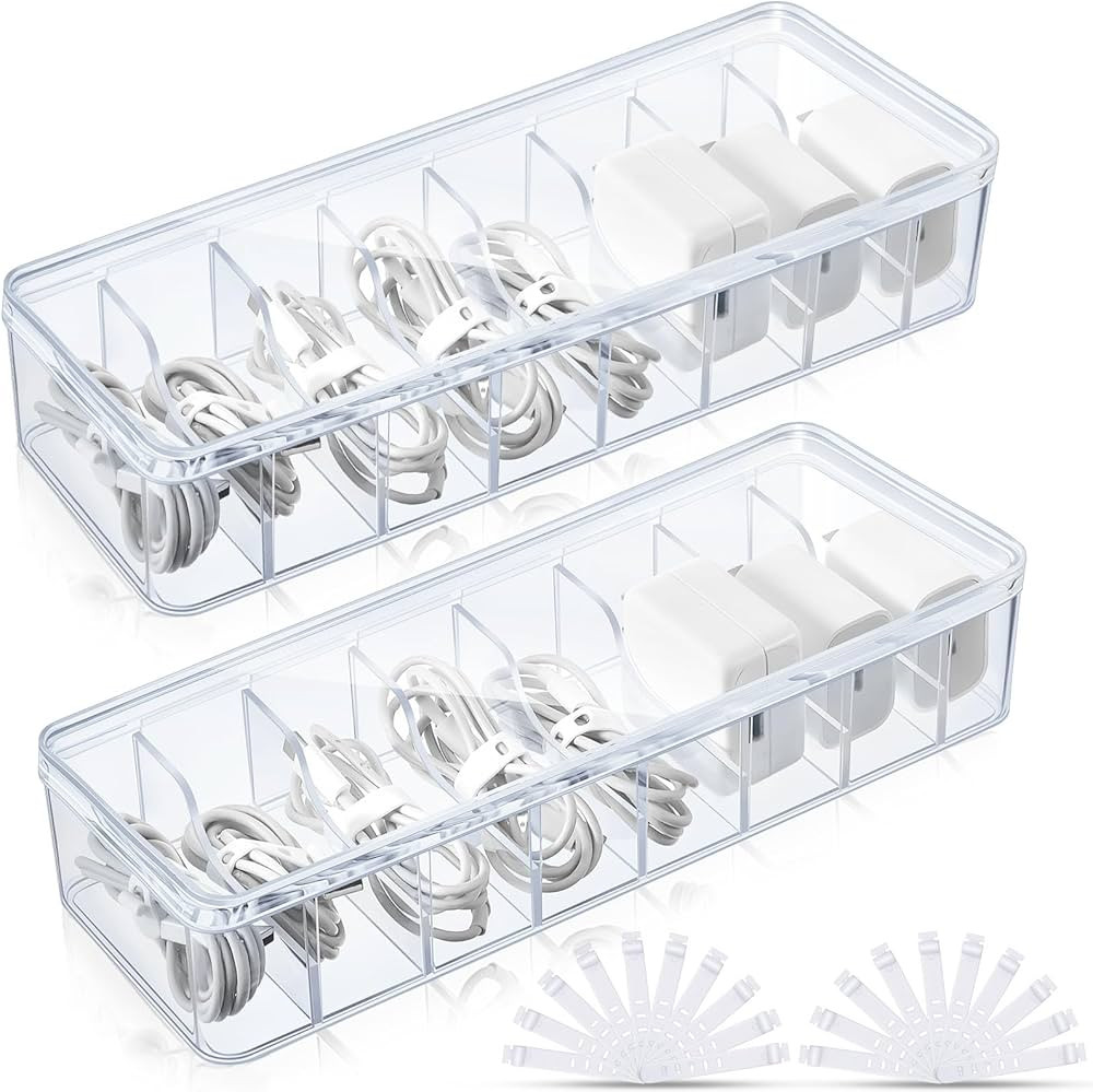 Tatuo 2 Pcs Cable Organizer with 20 Wire Ties,Clear Plastic Cord Charger Storage Box with Clear L... | Amazon (US)