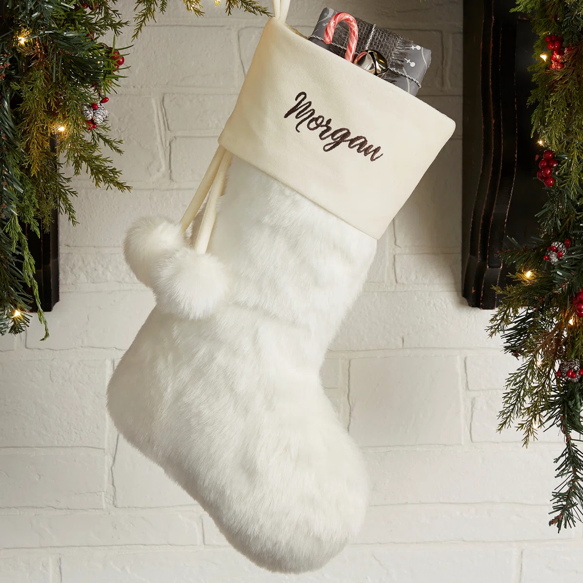 Personalization Mall Embroidered Ivory Faux Fur Christmas Stocking | Wayfair | Wayfair North America