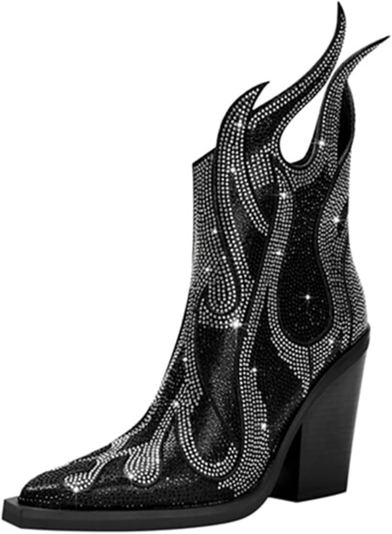 Goolita Sparkly Rhinestone Western Cowboy Boots For Women Pointed Toe Chunky Heel Ankle Boots Fas... | Amazon (US)