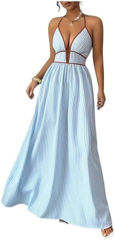 Floerns Women's Striped Halter Maxi Dress Backless Smocked Beach Vacation Boho Dress | Amazon (US)