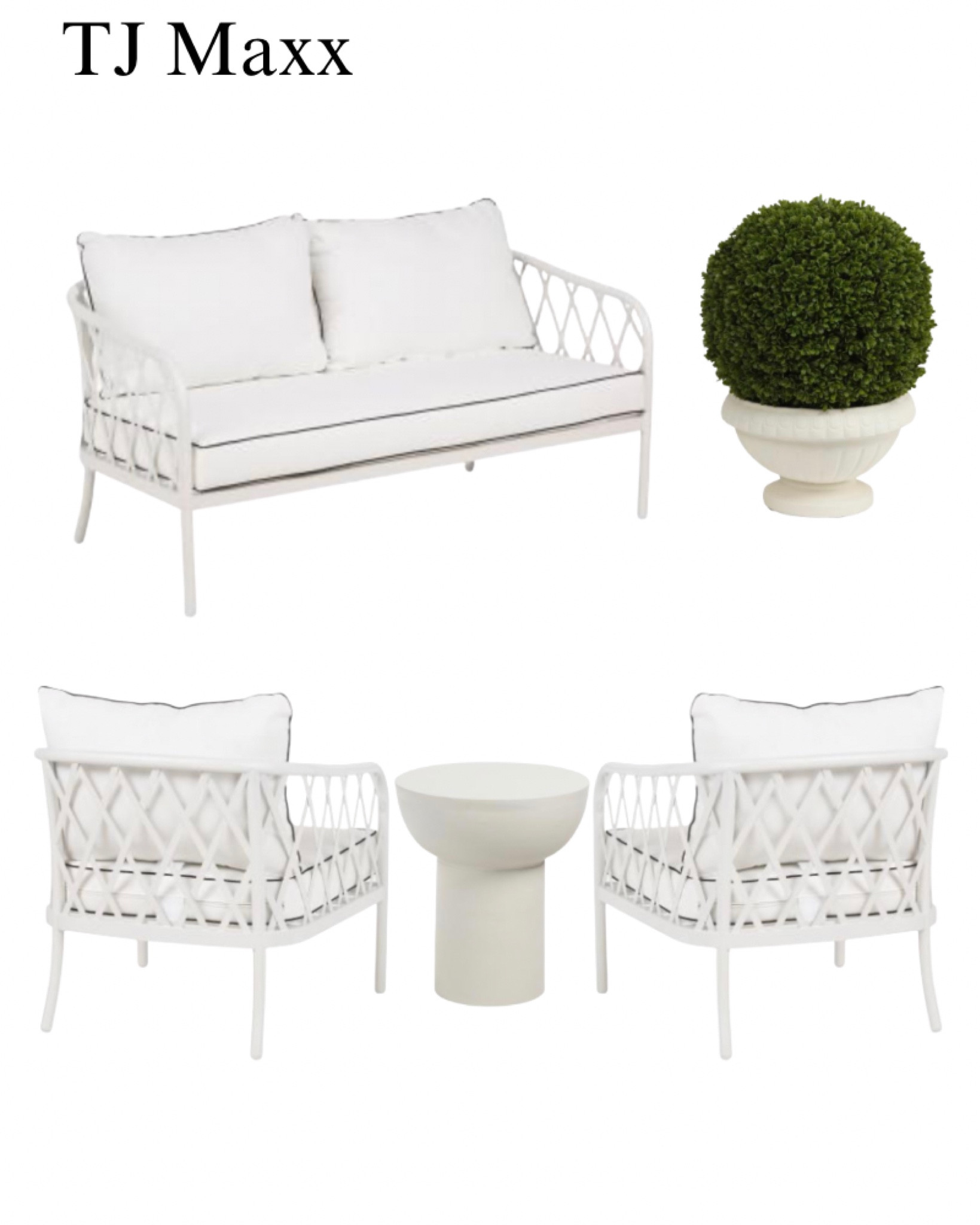 TJ Maxx outdoor furniture on sale! White lattice love seat, chairs, Martha Stewart, side table, topiary, patio, porch, French, modern, coastal.

#LTKSaleAlert #LTKHome