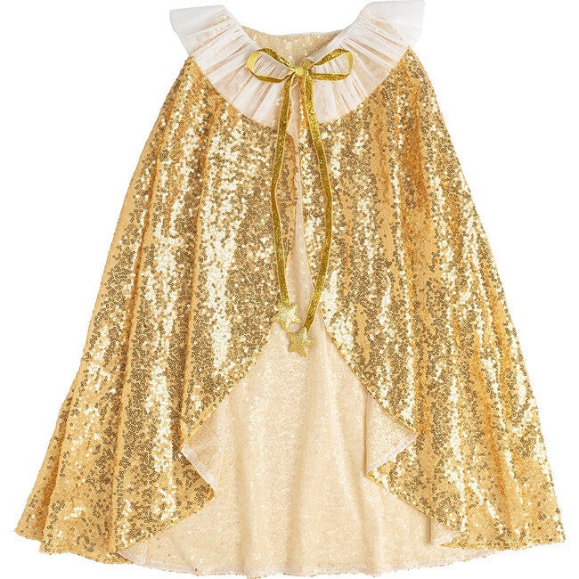 Sequin Tulle Cape With Glitter Neck-Tie, Gold | Maisonette