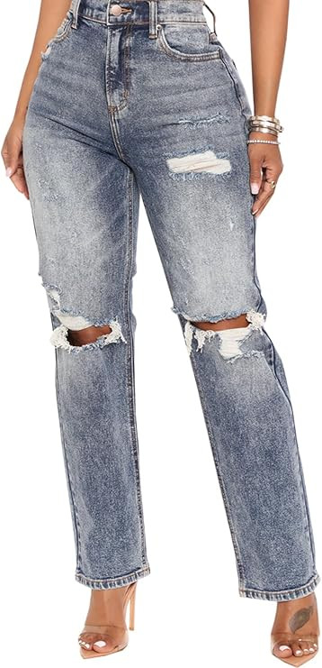 SheKiss Boyfriend Stretchy Jeans for Women - Distressed Frayed High Waisted Trendy Denim Blue Jea... | Amazon (US)