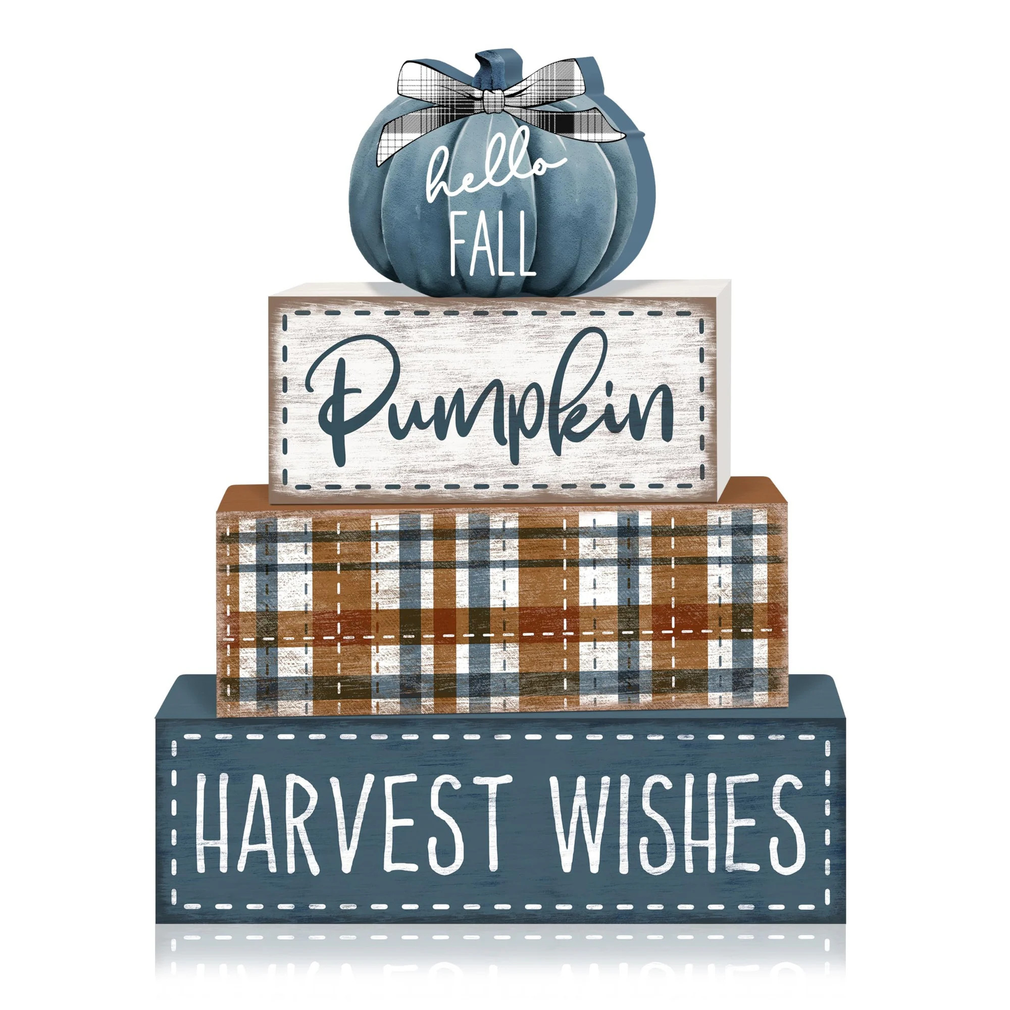 KIWDZFU Blue Pumpkins Fall Decor Wooden Tiered Tray Sign Farmhouse Rustic Autumn Pumpkin Decorations Stack Block Set Harvest Wishes Table one_size | Lowe's