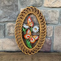 Retro 1978 Boho Butterfly & Daisy Oval Framed Wall Decor, Faux Wicker, Coppercraft | Etsy (US)