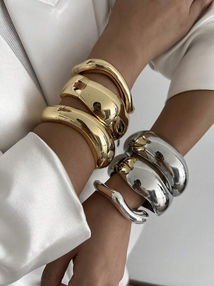 1pc Exaggerated Fashionable Asymmetrical Metal Cuff Bracelet, Vintage Minimalist Geometric Round ... | SHEIN