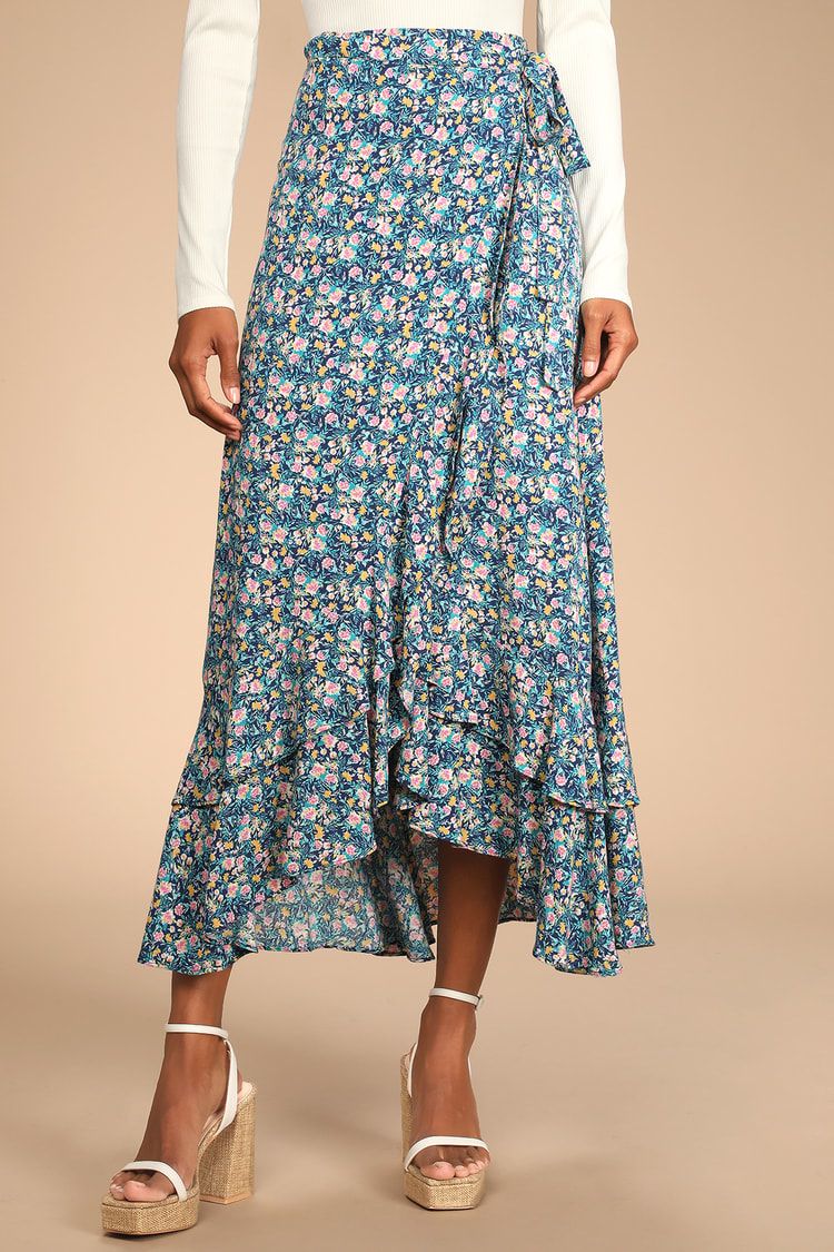 Feeling Breezy Navy Blue Floral Print Ruffled Wrap Midi Skirt | Lulus (US)