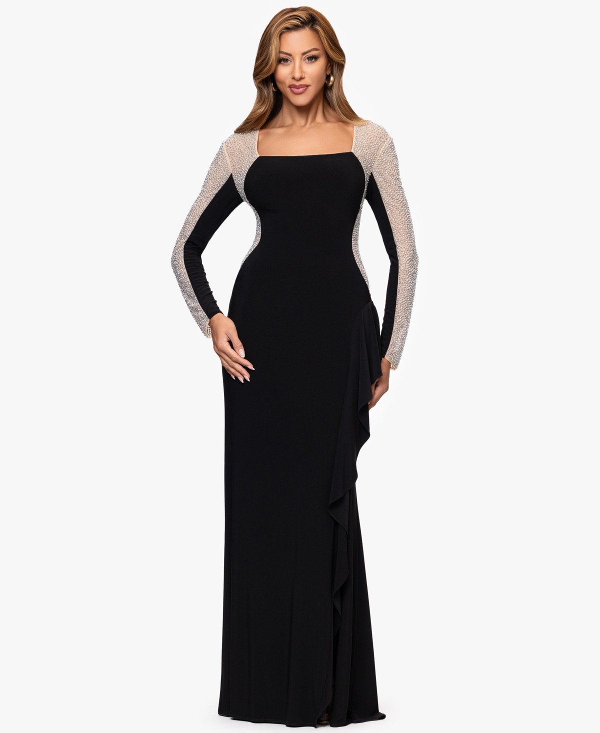 Xscape Petite Long Beaded Sleeve Dress - Black Nude Silver | Macy's
