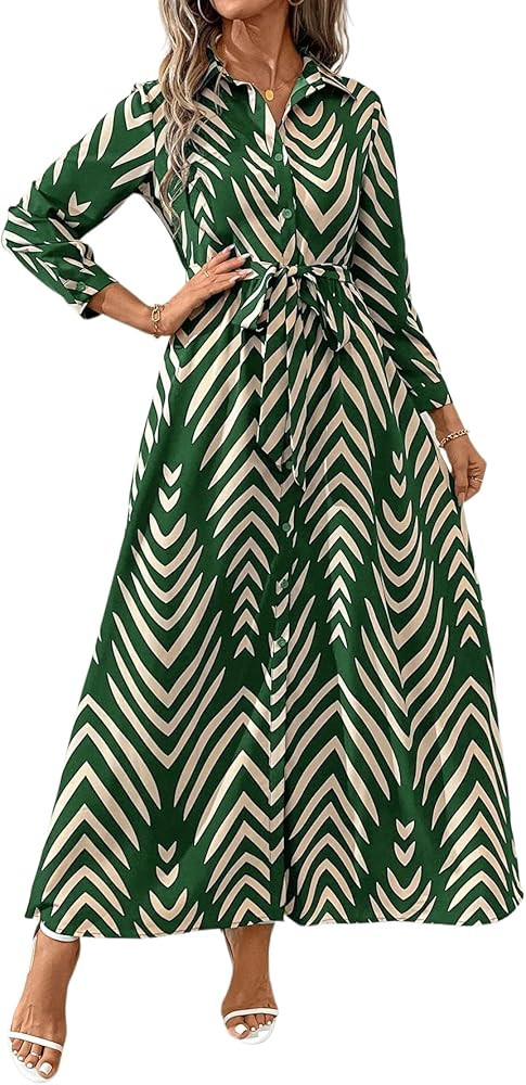HipGlamp Women's Boho Geometric Print Shirt Collar Long Sleeve Maxi Dress for Casual Everyday | Amazon (US)