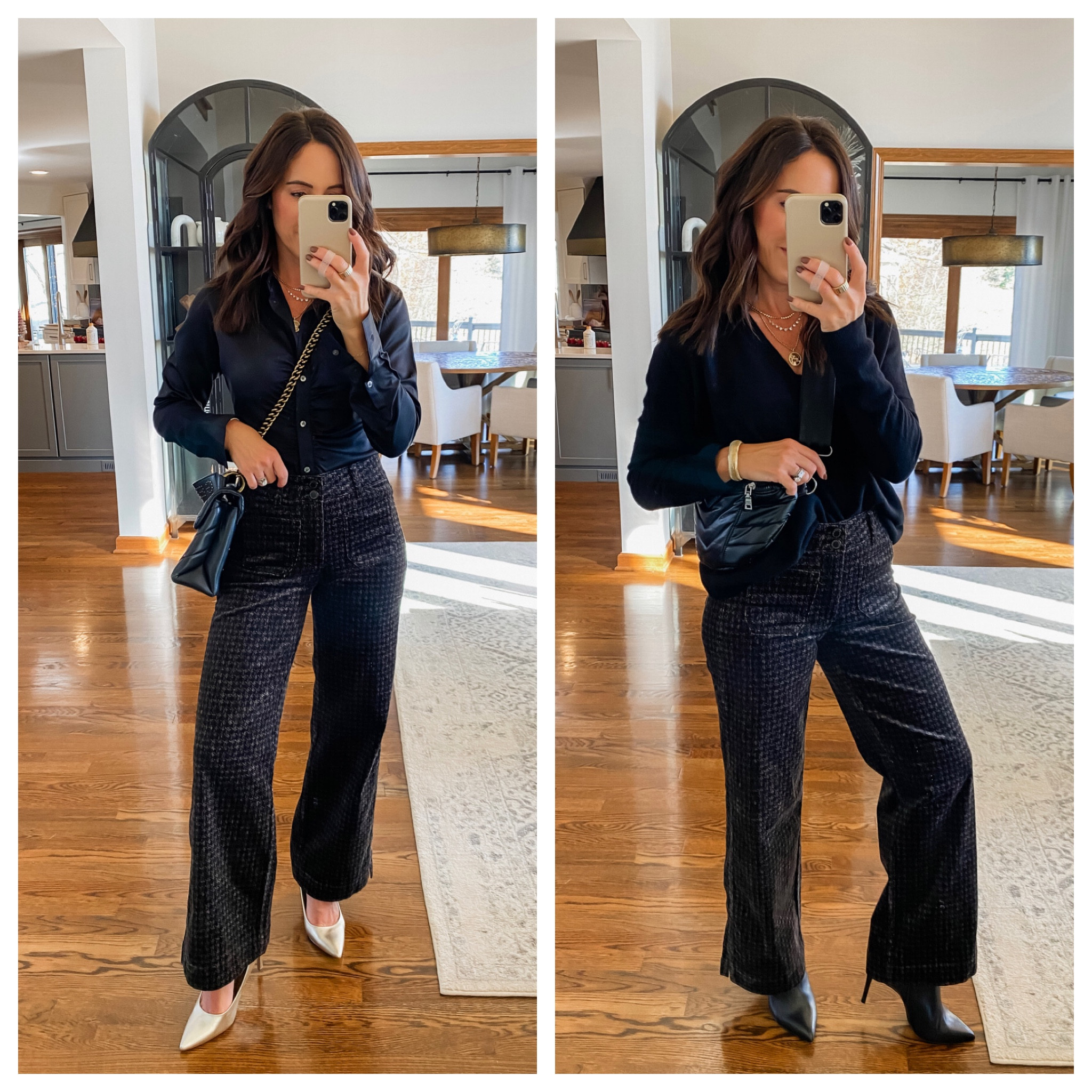 Houndstooth wide leg corduroy pants. High waist, elastic for a perfect fit. 
I’m 5’3” size 0
XS satin ruched blouse 

#LTKHoliday #LTKfindsunder100 #LTKover40