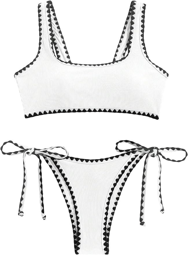 WDIRARA Women's 2 Piece Geometric Whip Stitch Tie Side Swimwear Set Contrast Binding Textured Bik... | Amazon (US)