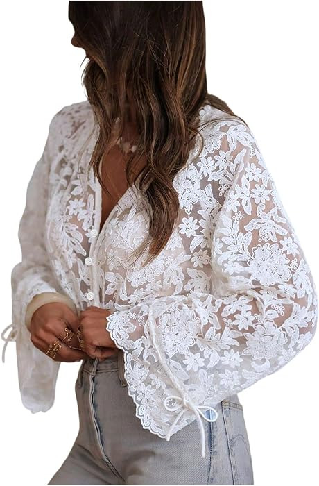 GORGLITTER Women's Lace Boho Flowy Tops Sheer Peasant Embroidered Blouse | Amazon (US)