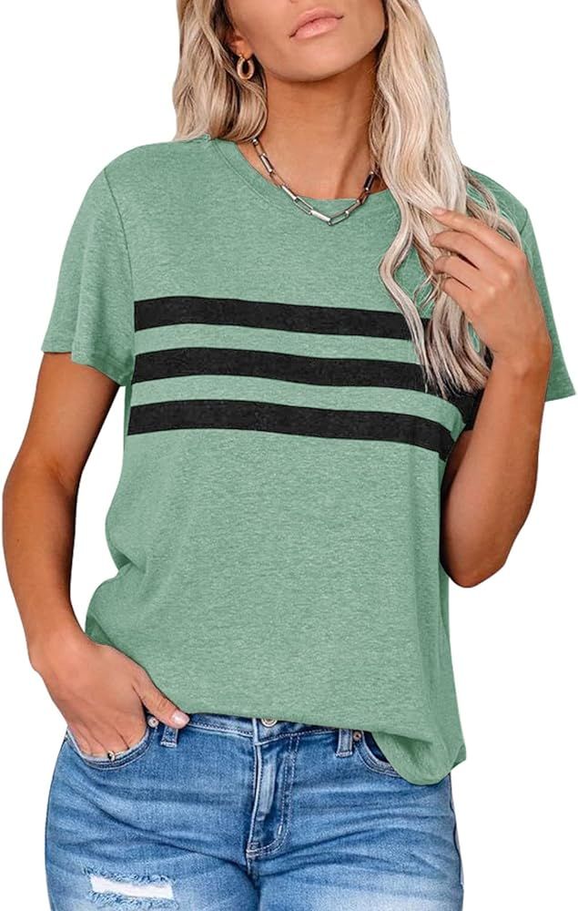 LEANI Women’s Short Sleeve T Shirts Crewneck Striped Color Block Tunic Tops Loose Casual Summer Tee | Amazon (US)