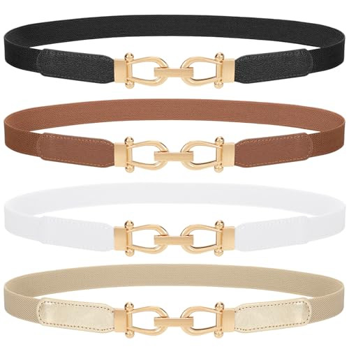 TRIWORKS 4 Pack Skinny Elastic Belts for Women Gold Buckle Thin Stretchy Waist Belts for Dresses | Amazon (US)