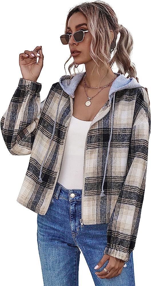 Springrain Womens Casual Long Sleeve Sweatshirts Plaid Short Zip Up Hoodie Jacket | Amazon (US)