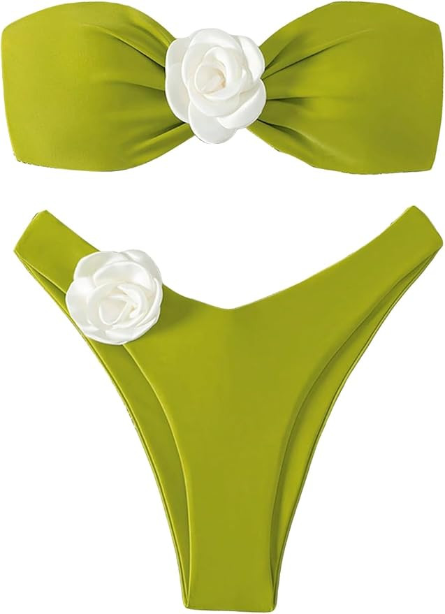 GORGLITTER Women's 2 Piece Strapless Swimsuit 3D Floral Bikini Top and High Cut Thong Bathing Sui... | Amazon (US)