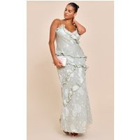 Plus Sage Green Embroidered Frill Maxi Dress | PrettyLittleThing US