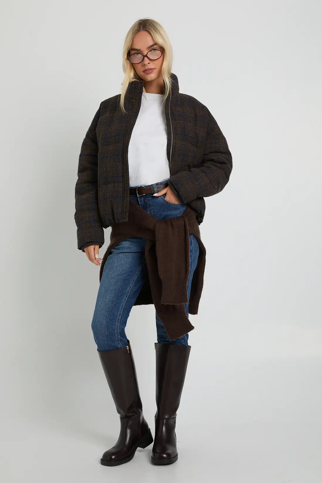 Funnel Neck Check Puffer Jacket | boohoo (US & Canada)