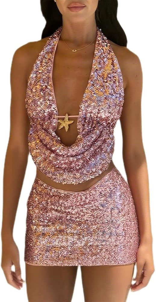 Mylleure Women Sequin 2 Piece Outfit Sparkly Sexy Bodycon Sleeveless Halter Crop Top Split Mini S... | Amazon (US)