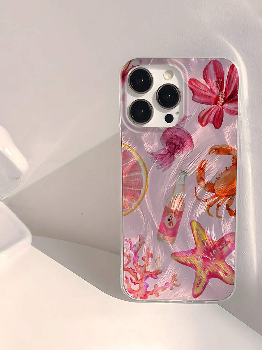 1pc Cute Pink Starfish, Coral, Jellyfish, Crab, Ocean Life & Floral Juice Pattern | SHEIN