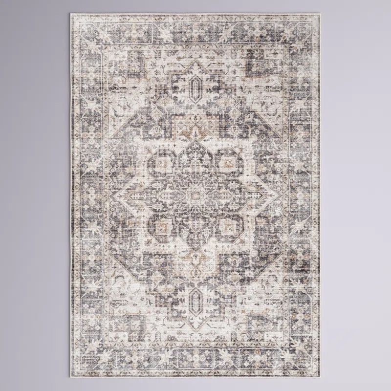 Mittler Oriental Power Loomed Polyester Area Rug in Dark Gray/Beige | Wayfair North America