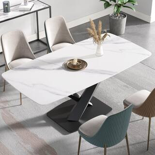 70.87 in. Bottom Radius Rectangular White Sintered Stone Dining Table with Black Pedestal Legs (Seats 6) | The Home Depot