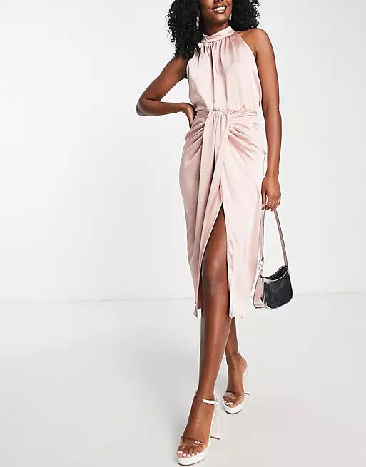 Style Cheat twist front satin midi skirt in blush - part of a set | ASOS (Global)