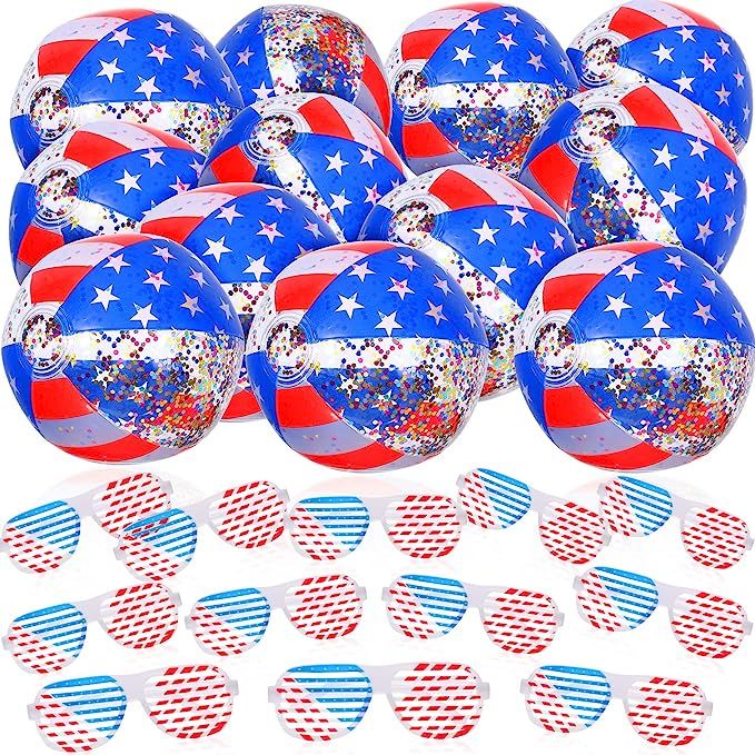 12 Pcs Inflatable USA Pool Beach Balls and 24 Pcs American Flag USA Patriotic Shutter Glasses, Po... | Amazon (US)