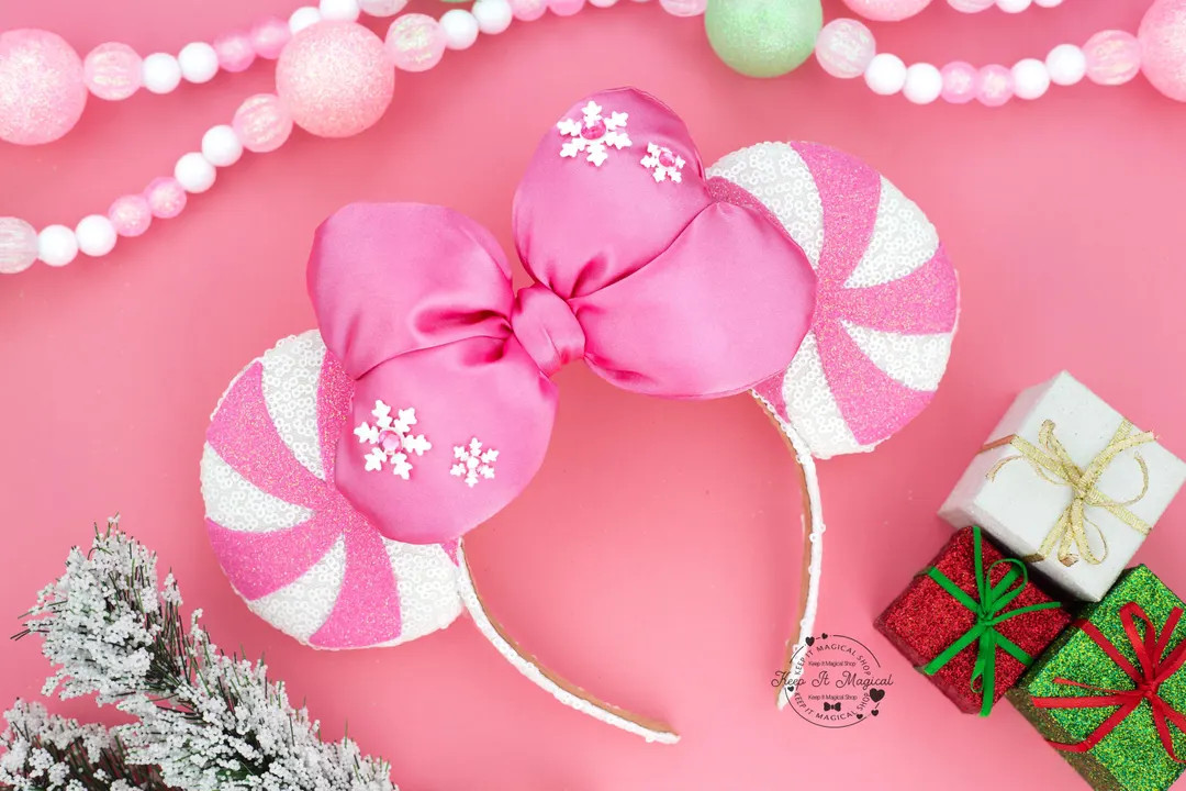 Pink Christmas Minnie Ears Pink Peppermint Mickey Ears Sparkle Lollipop Christmas Minnie Ears Pin... | Etsy (US)