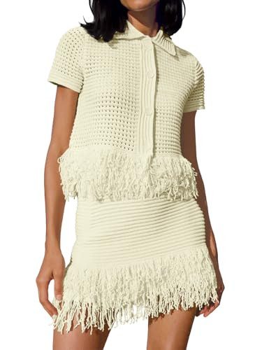 Fisoew Womens 2 Piece Crochet Outfits Short Sleeve Button Knit Sweater Tops Fringe Skirt Summer V... | Amazon (US)