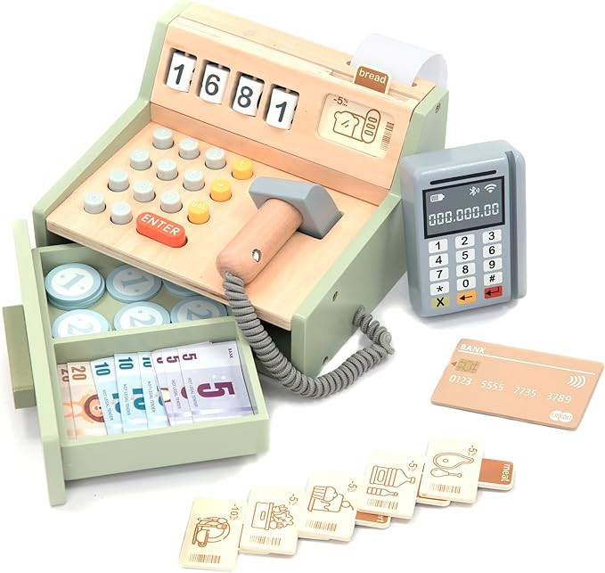 UMU® Wooden Cash Register for Kids - Includes Accessories (Scanner, Payment Terminal, Play Money... | Amazon (US)