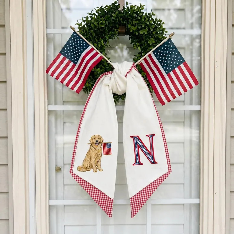 Embroidered Dog With USA Flag Wreath Sash, Personalized Patriotic Monogram Decor, Americana Home ... | Etsy (Global)