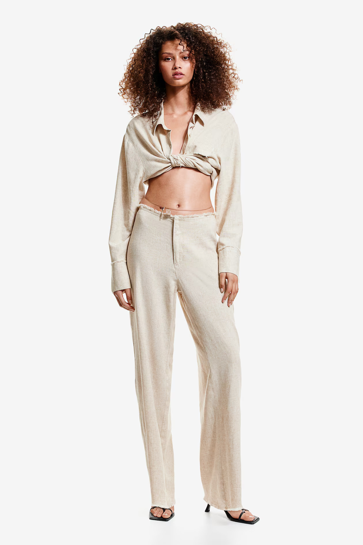 Frayed-edge linen-blend trousers - Regular waist - Long - Light beige - Ladies | H&M GB | H&M (UK, MY, IN, SG, PH, TW, HK)