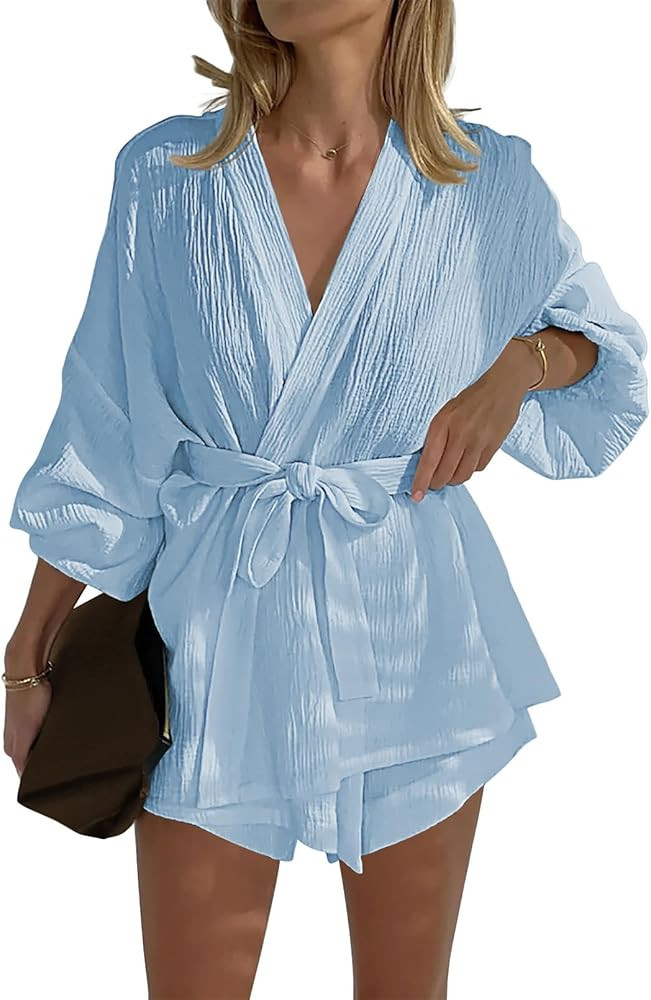 Pink Queen Women's 2 Piece Tracksuit Outfit Long Sleeve Belted Kimono Blouse High Waisted Shorts ... | Amazon (US)